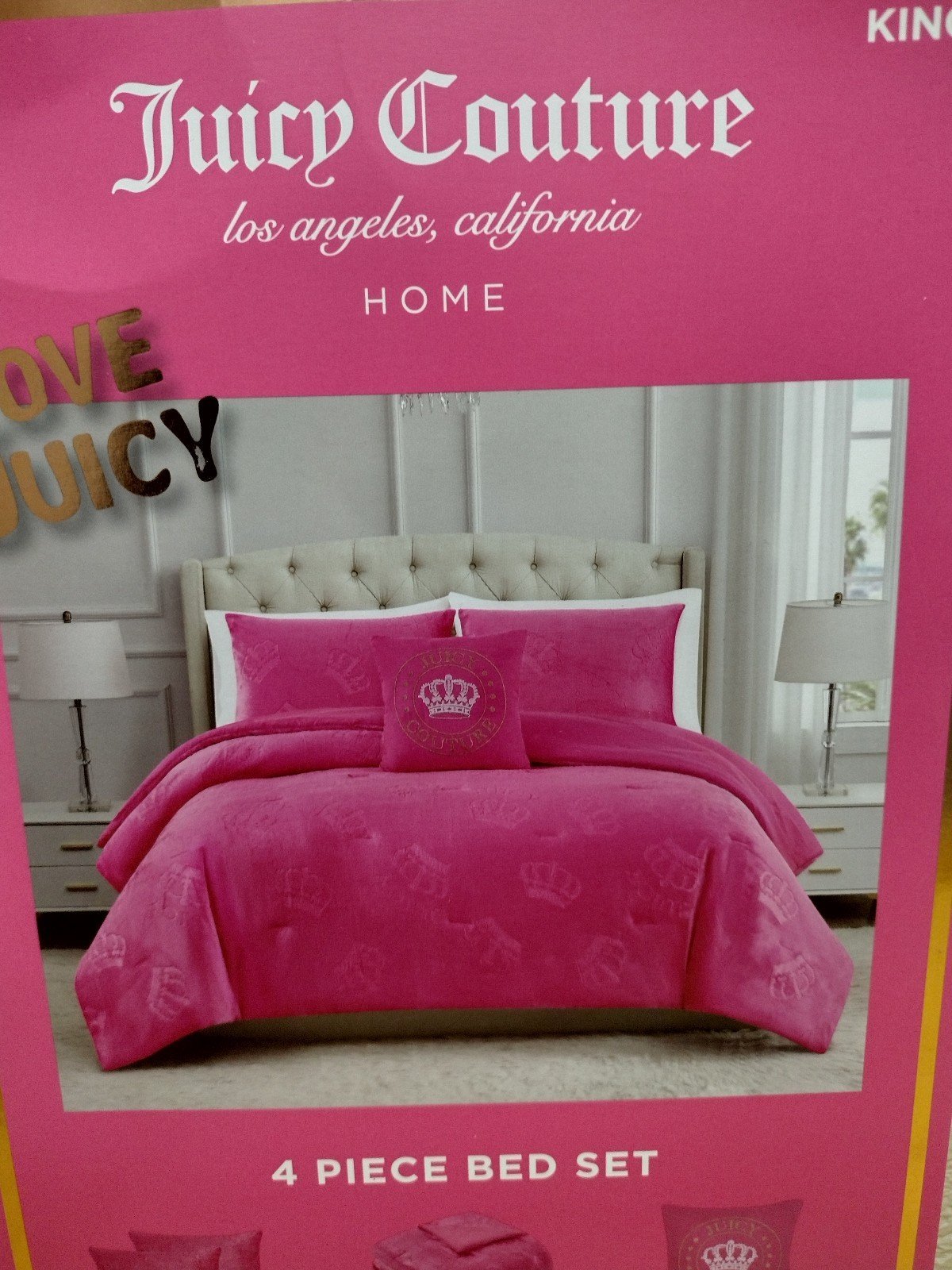 JUICY COUTURE 4 PIECE BED SET JUICY COUTURE CROWN COMFORTER SET PINK KING SIZE