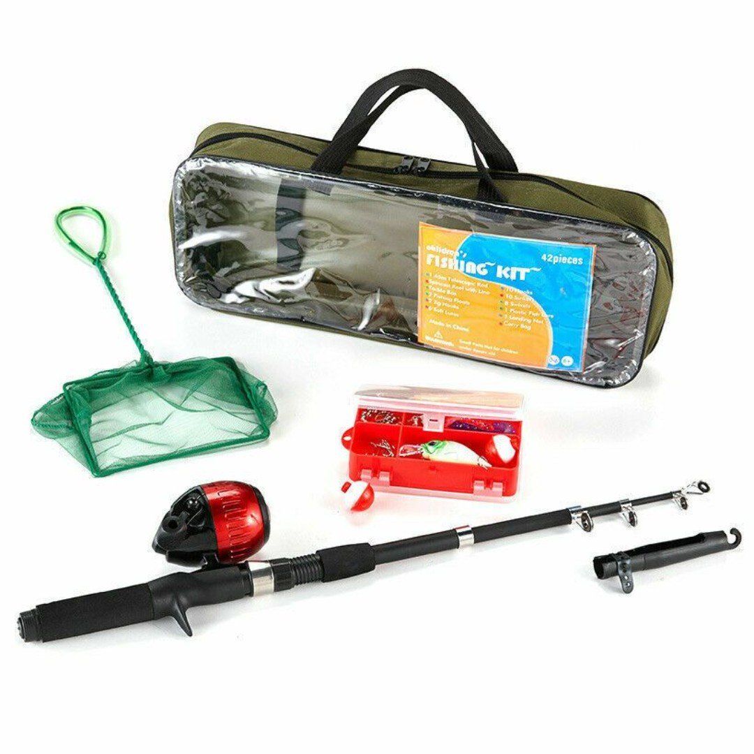 Child's Fishing Telescopic Rod Tackle Box Spincast Reel Bait Net Travel Bag NIP