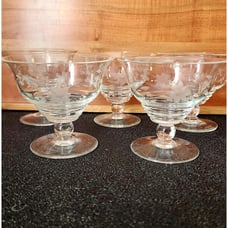5) Elegant Glass Cut Floral Design On Bowl Low Champagne Coupe Sherbet Glasses