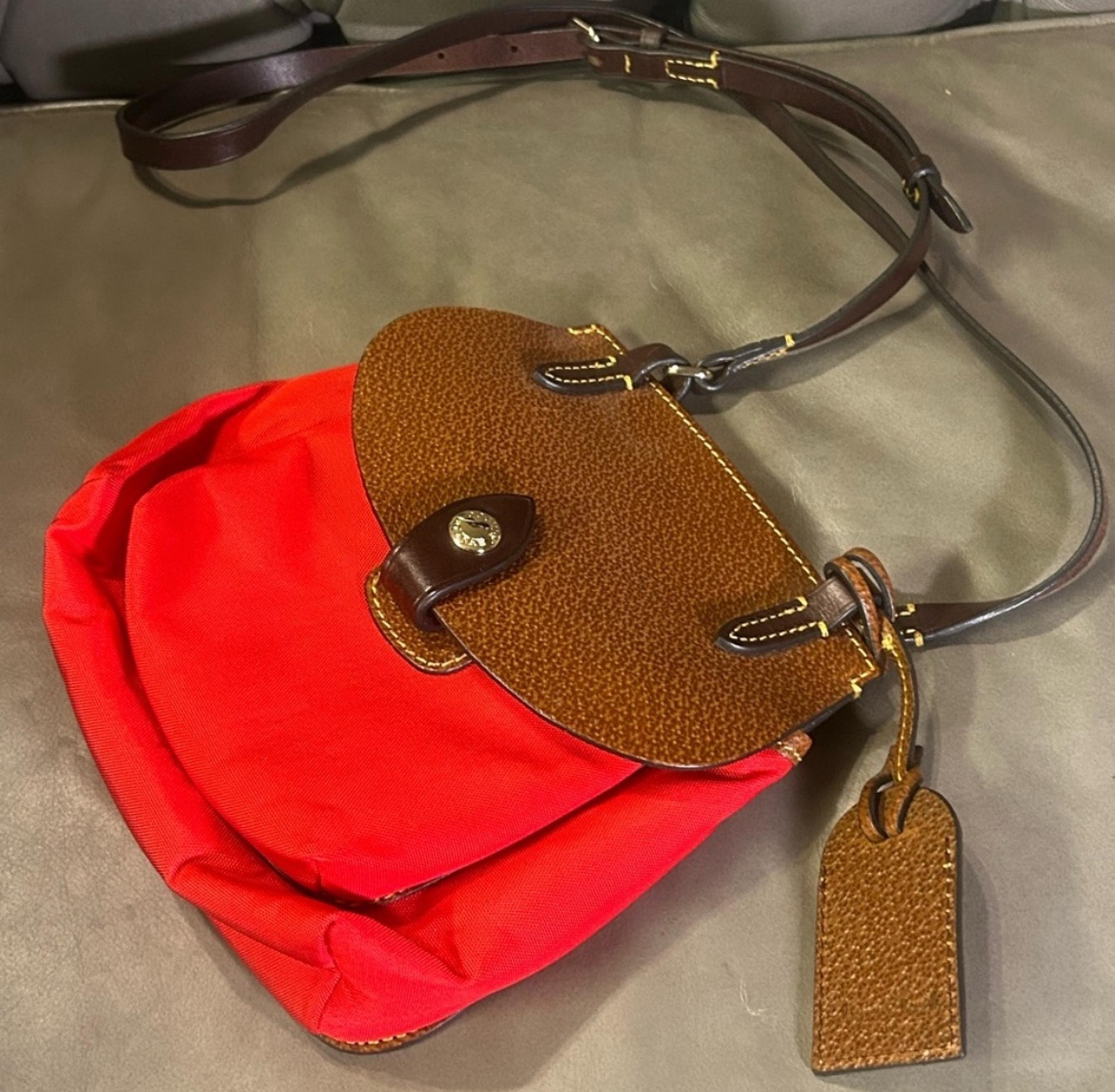 Dooney & Bourke Saddle Crossbody Bag Red Canvas Brown Leather Shoulder Purse