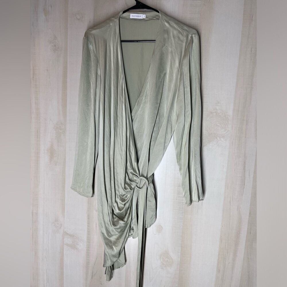 Silk Maison sage green silk dress long sleeve wrap style, size medium