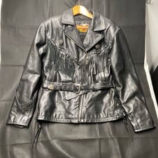 Harley Davidson Leather Motorcycle Jacket Black Women’s Large Fringe Belt Silver