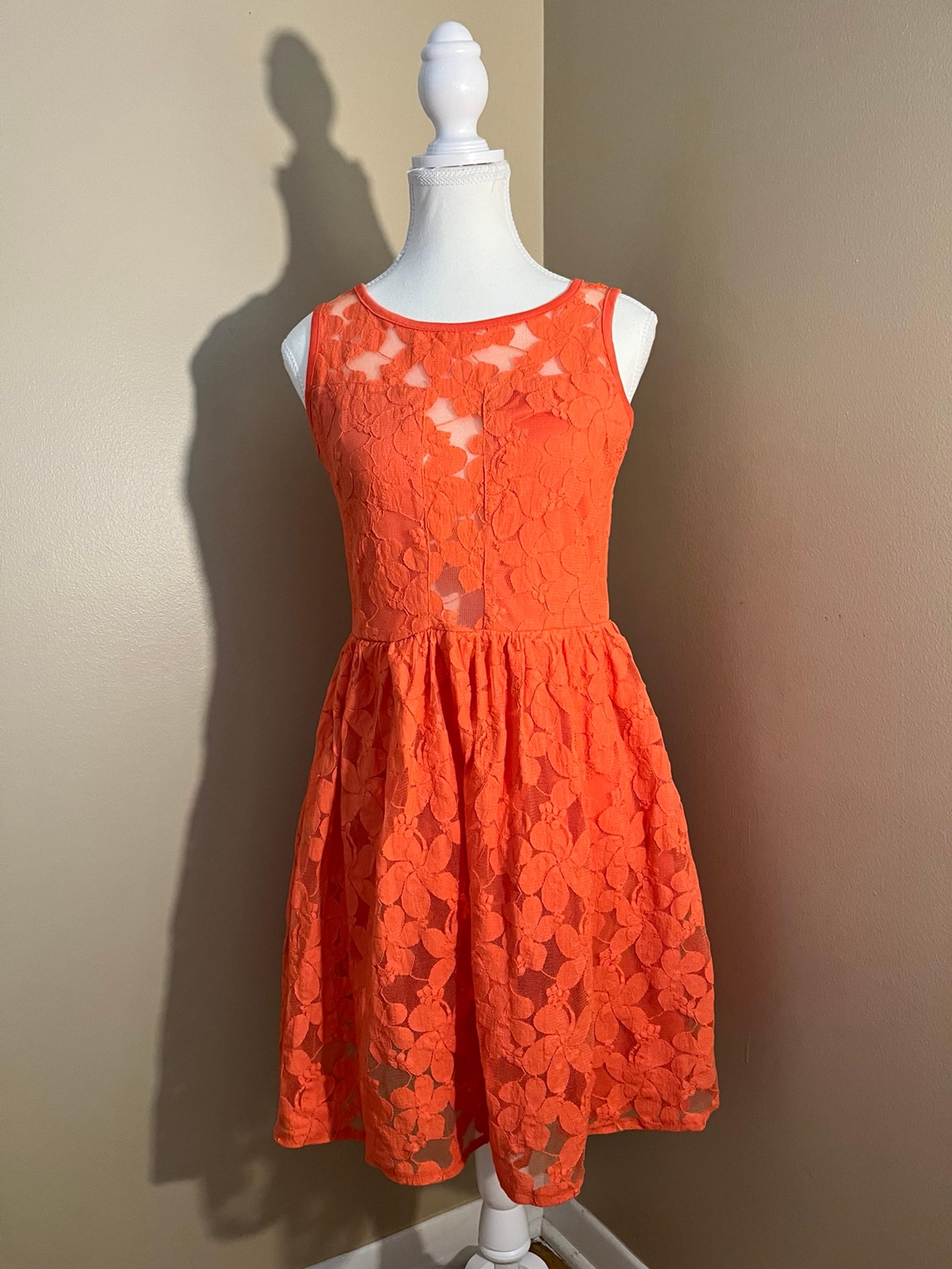 Ya Los Angeles Women's Size L Orange Lace Dress Sleeveless Back Zip Peek A Boo