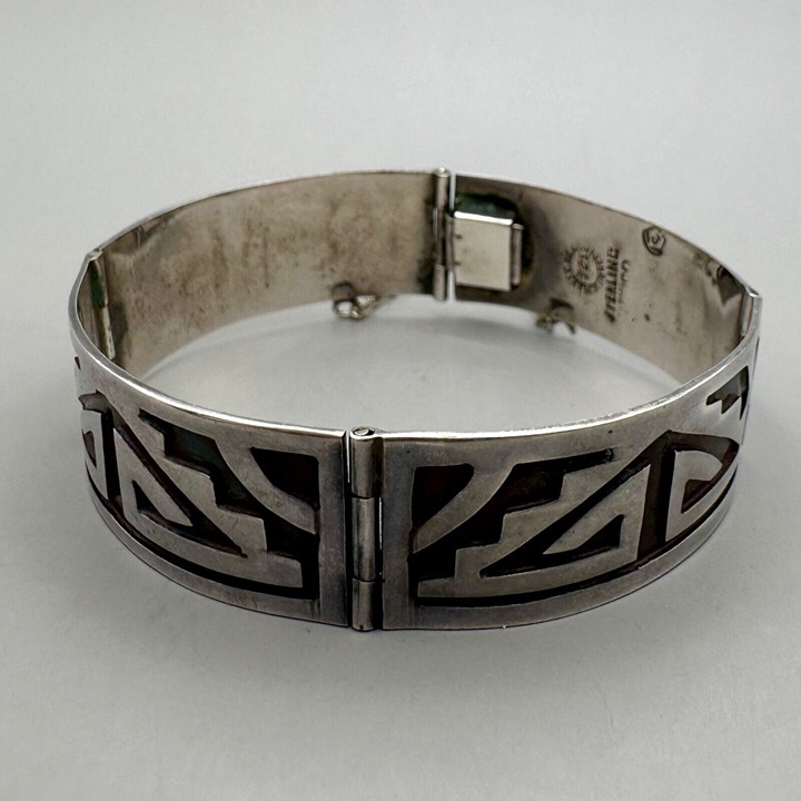 Geometric Design Paneled Hinged Bracelet Sterling Silver Taxco Mexico 925