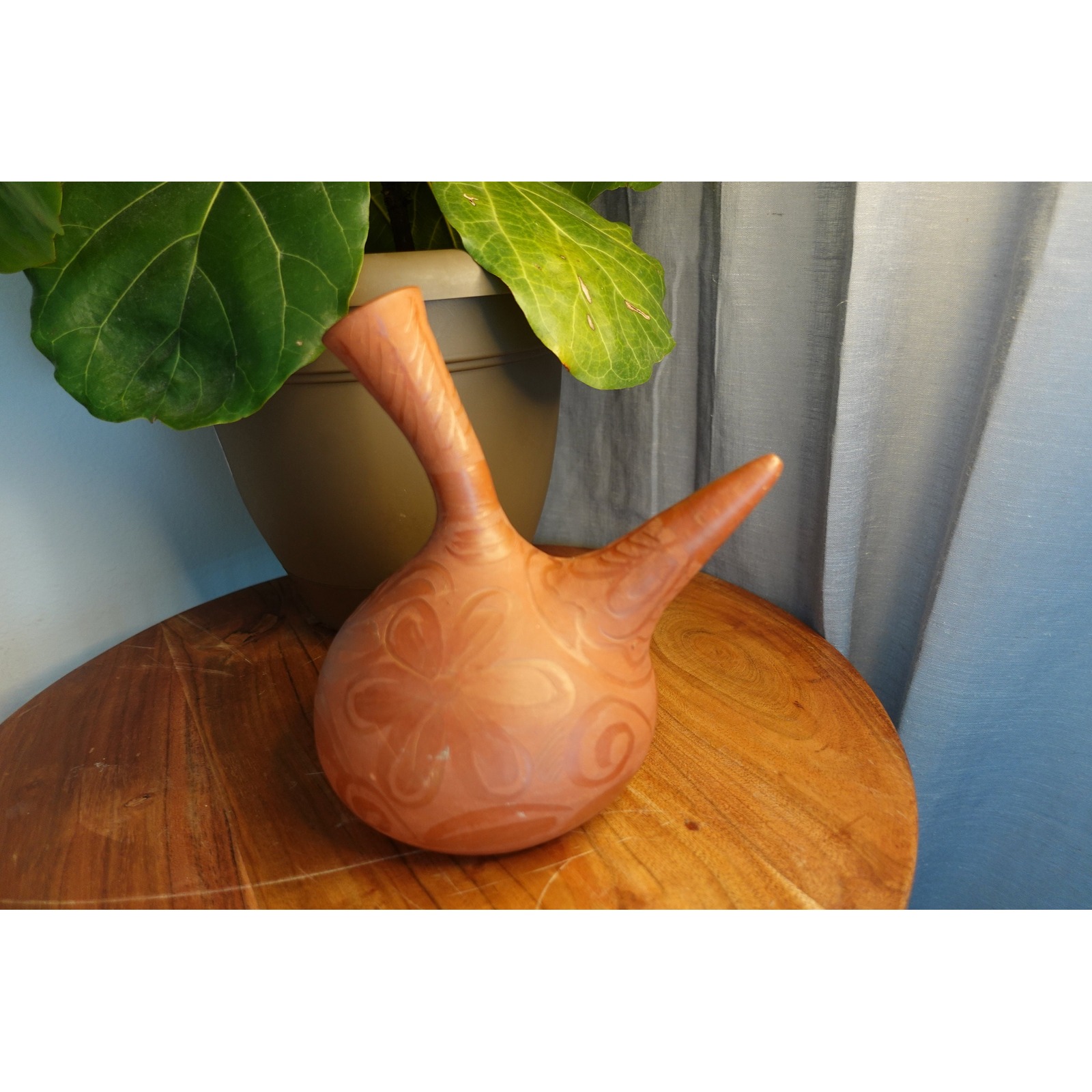 Clay pottery with etched Mexican inspired Aztec print water vessel double spout