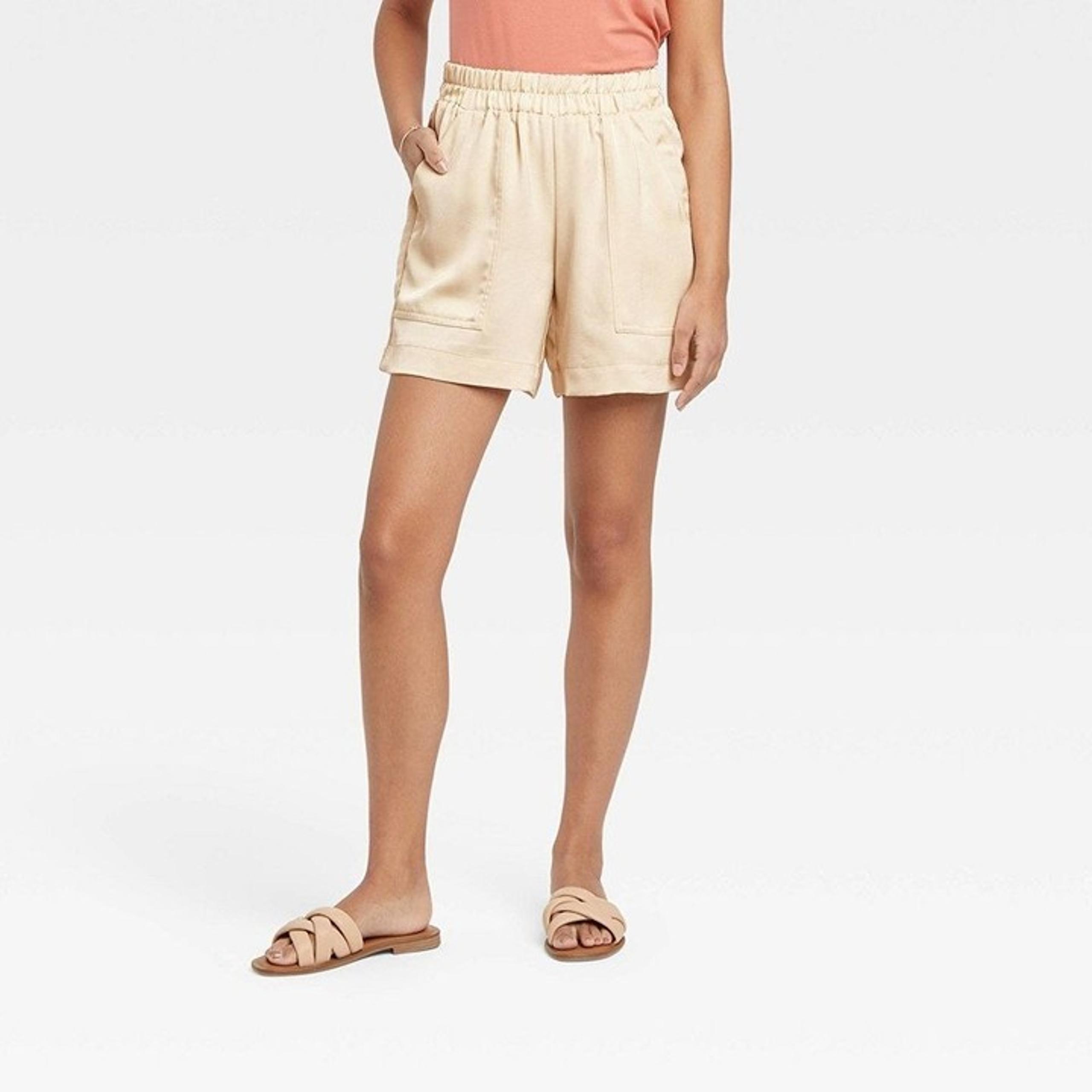 Women's High-Rise Satin Pull-On Shorts - A New Day Off-White L