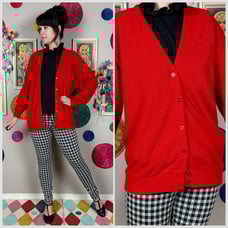 Vintage 1970s Cherry Red V-Neck Acrylic Cardigan Sweater