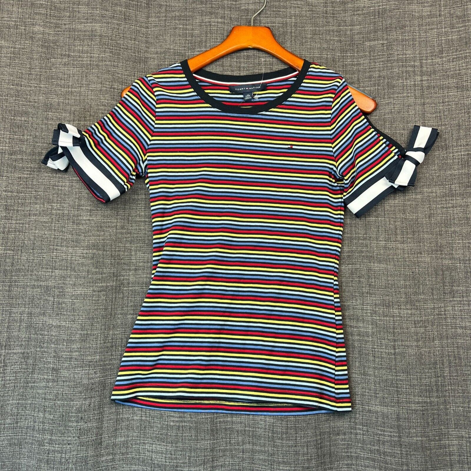 NWT Women's Tommy Hilfiger Striped Tie-Sleeve T-Shirt J31HN124 Multicolor Sz XS