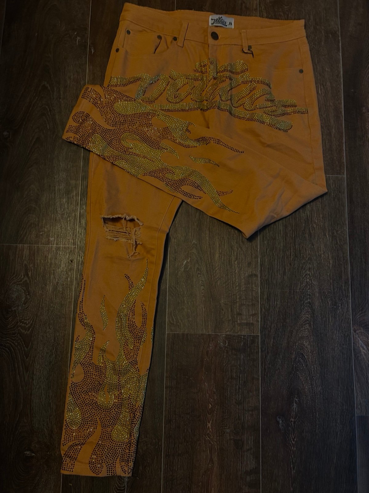 yellow rhinestone politics jeans size 34