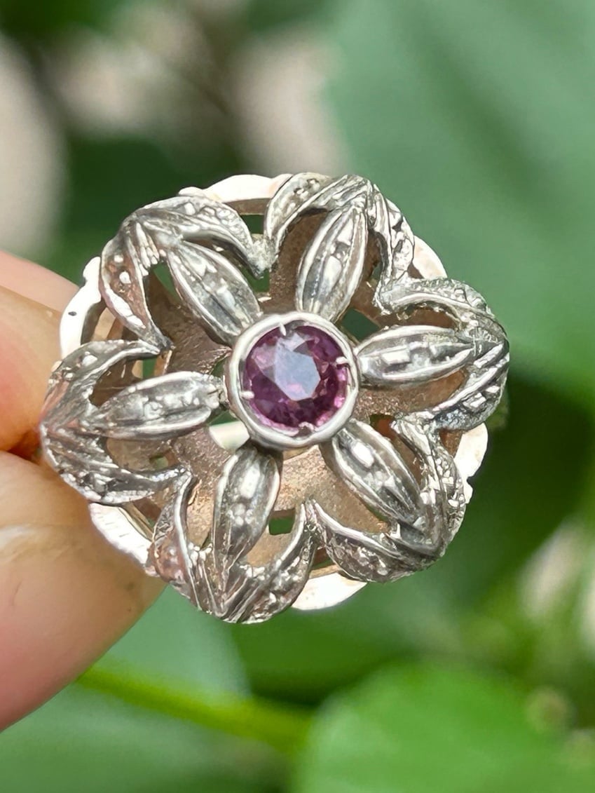 Antique Italian 5g Ruby Star Flower Ring 12k Yellow Gold sz 7