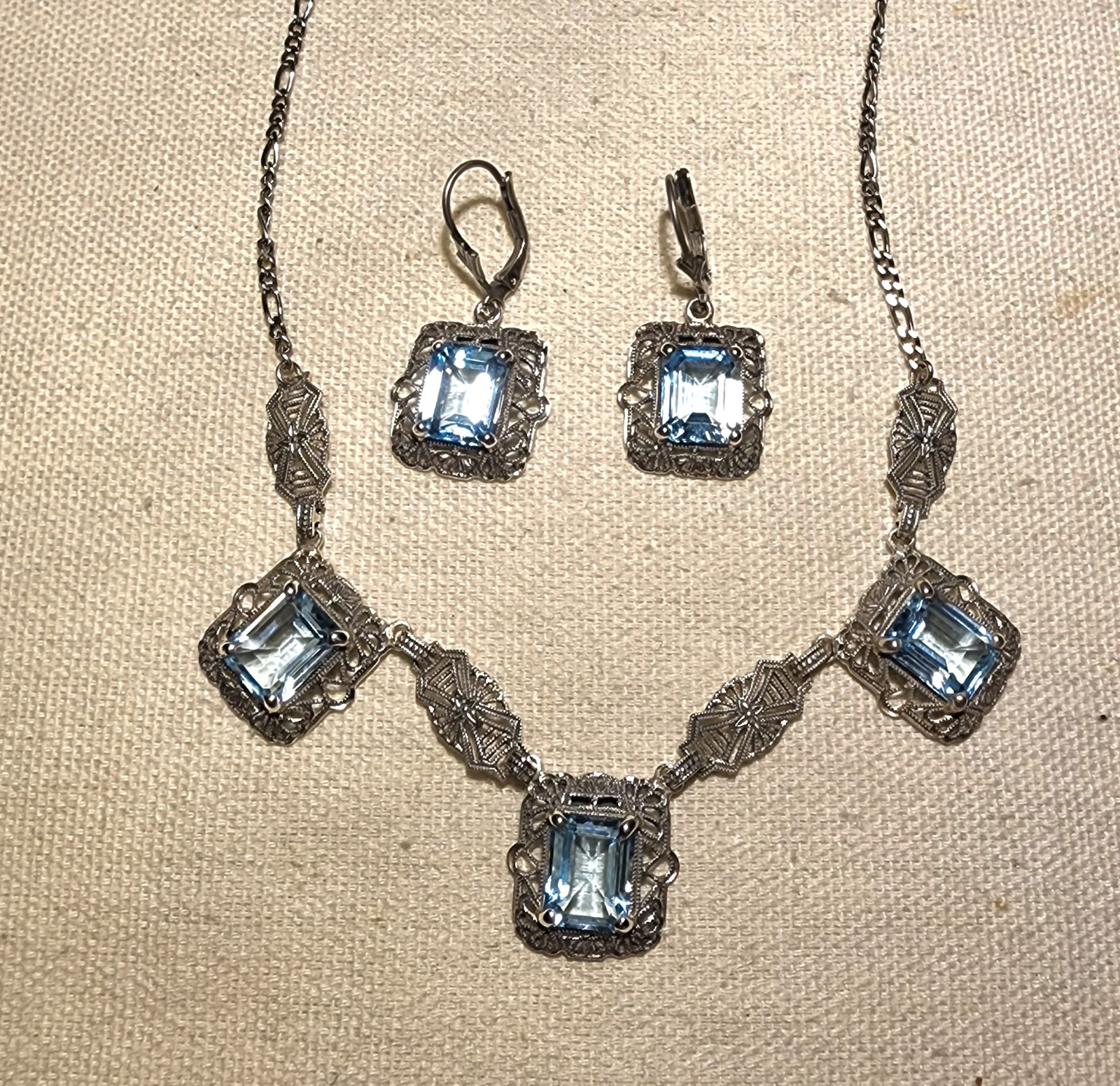 Blue TOPAZ vintage style Sterling silver necklace & earrings set
