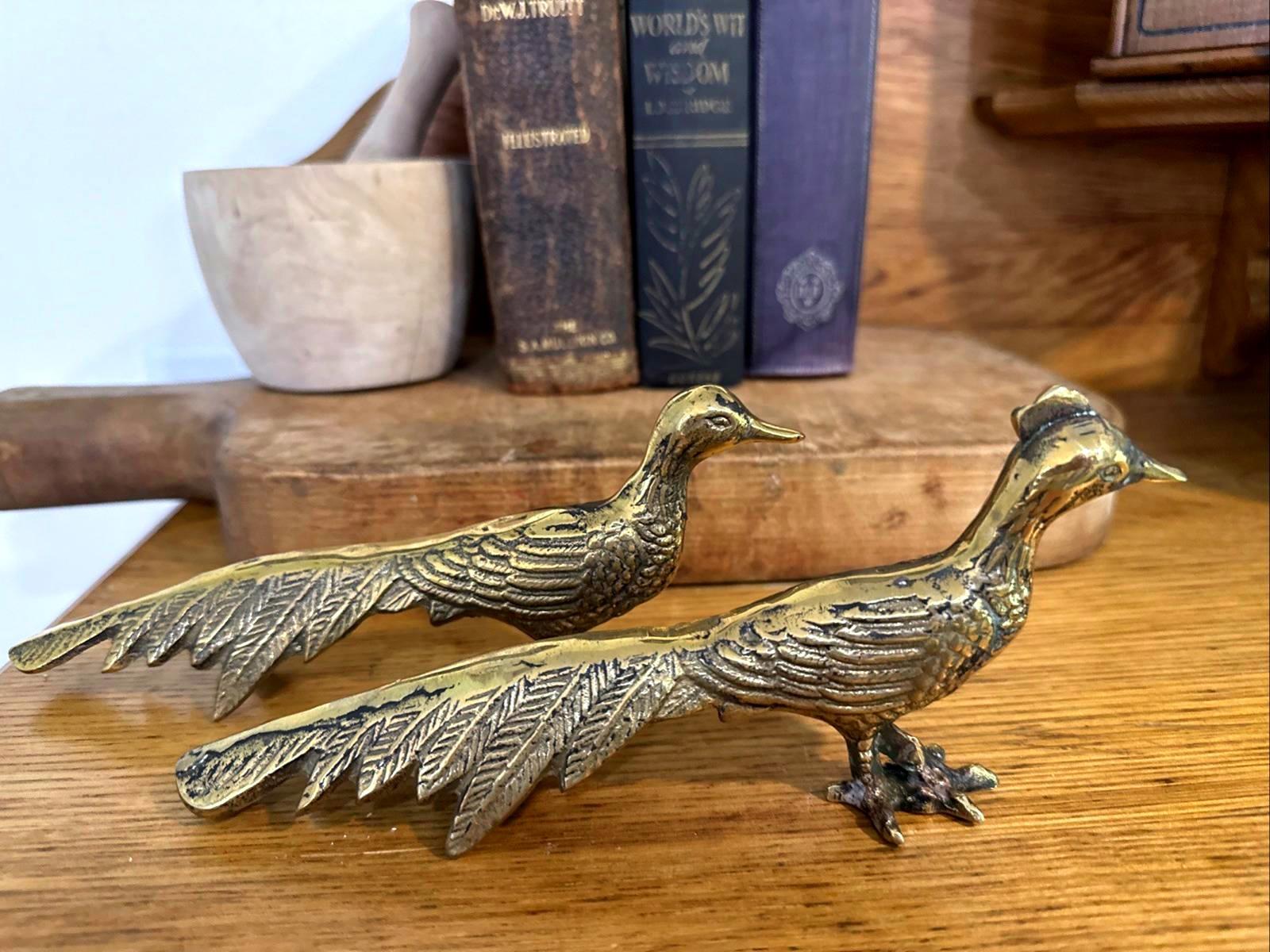 VTG MCM Brass Pheasants Pair Male Female Set Of 2 Birds 8.5 Statue Figurine