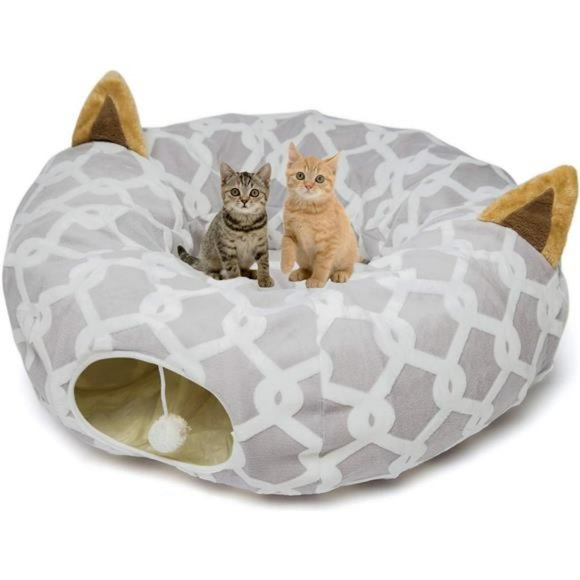 Large Cat Tunnel Bed with Plush Cover, Fluffy Toy Balls, 10 D, 3 ft L