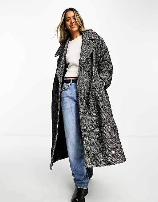 ASOS DESIGN herringbone belted coat in black and white Size: 0 (10%off applied)