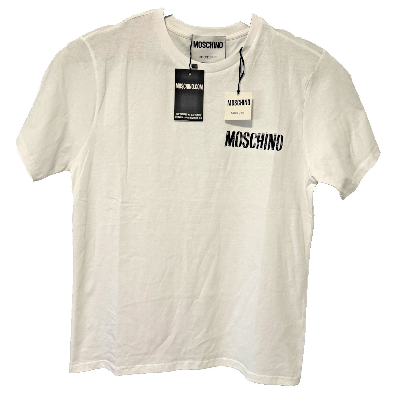 Authentic Moschino Couture Men’s White T-Shirt W/Print “belt” Logo Size 52