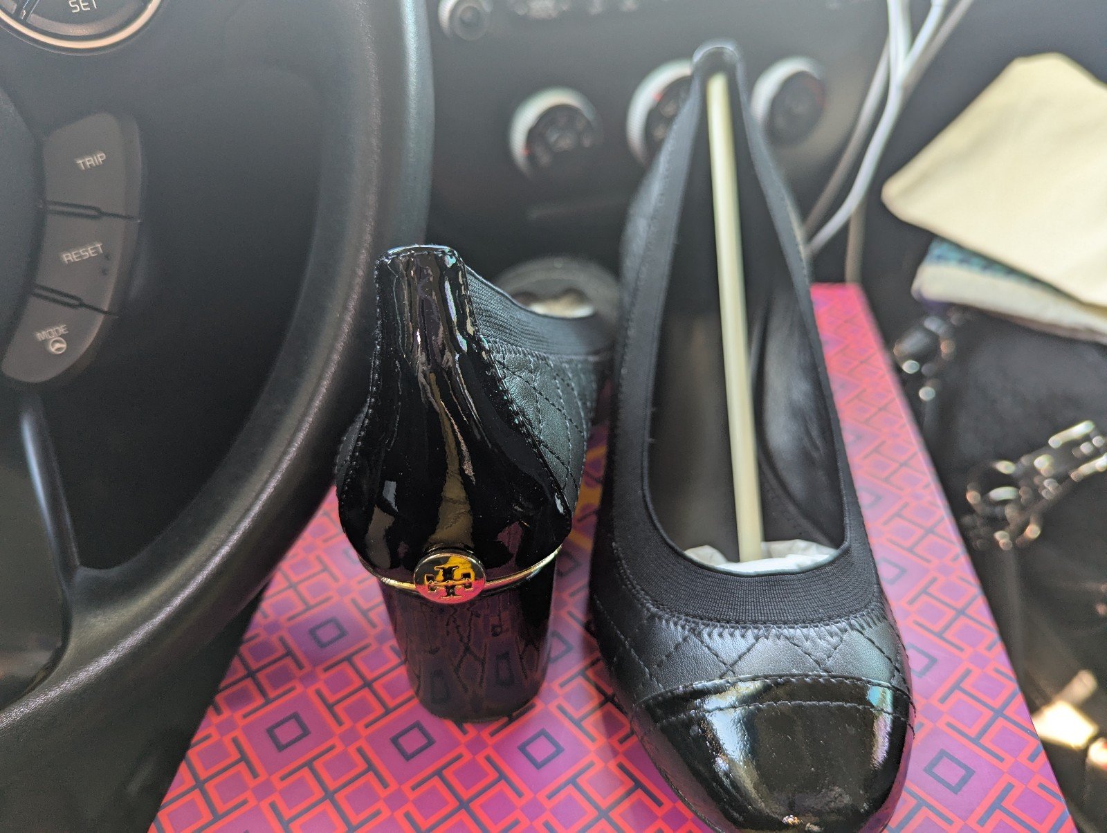Tory Burch Quilted Block Pumps. Black with Gold logo - Size 7
