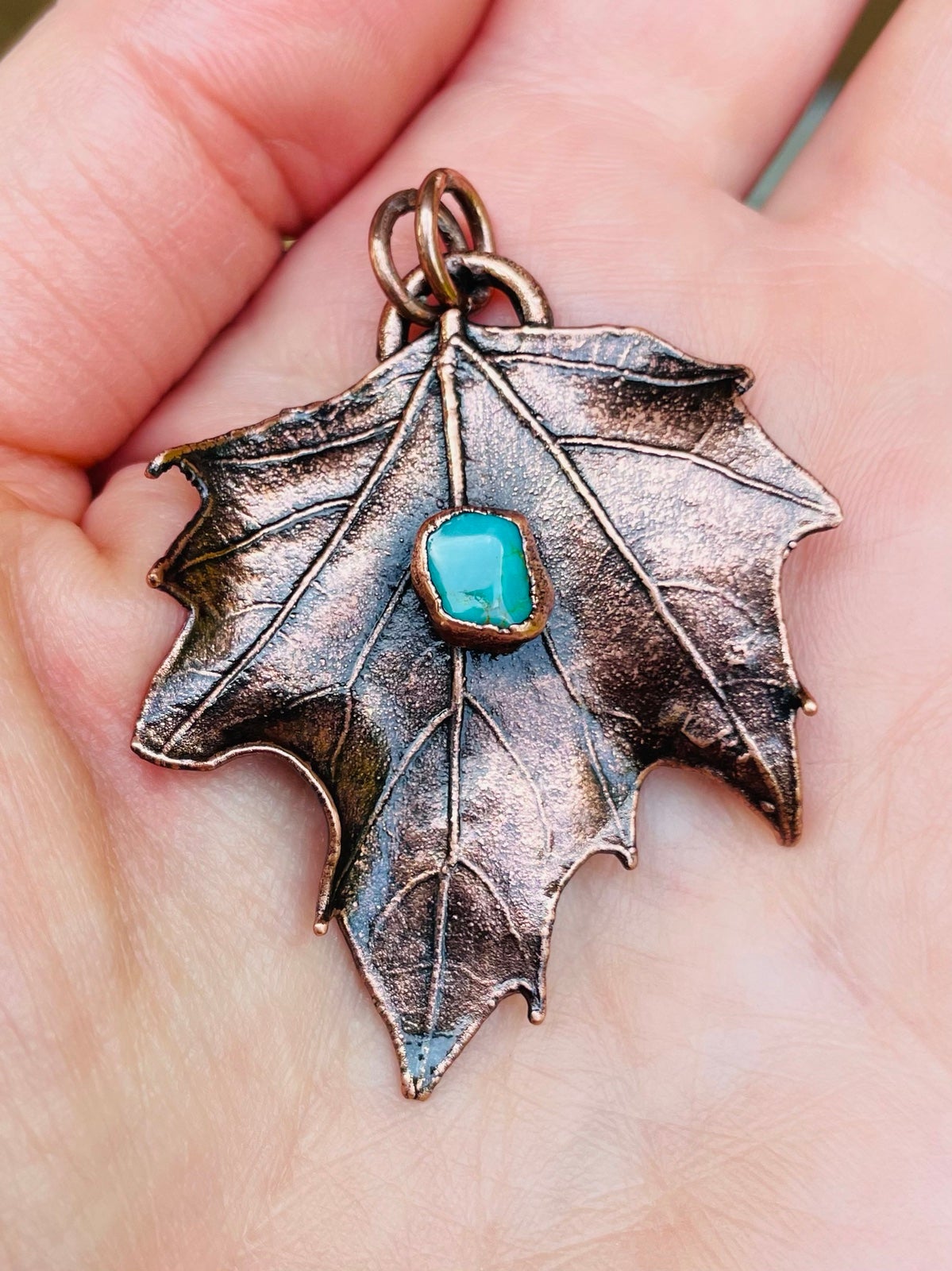 REAL Maple Leaf with real TURQUOISE stone copper electroformed leaf Fall leaf
