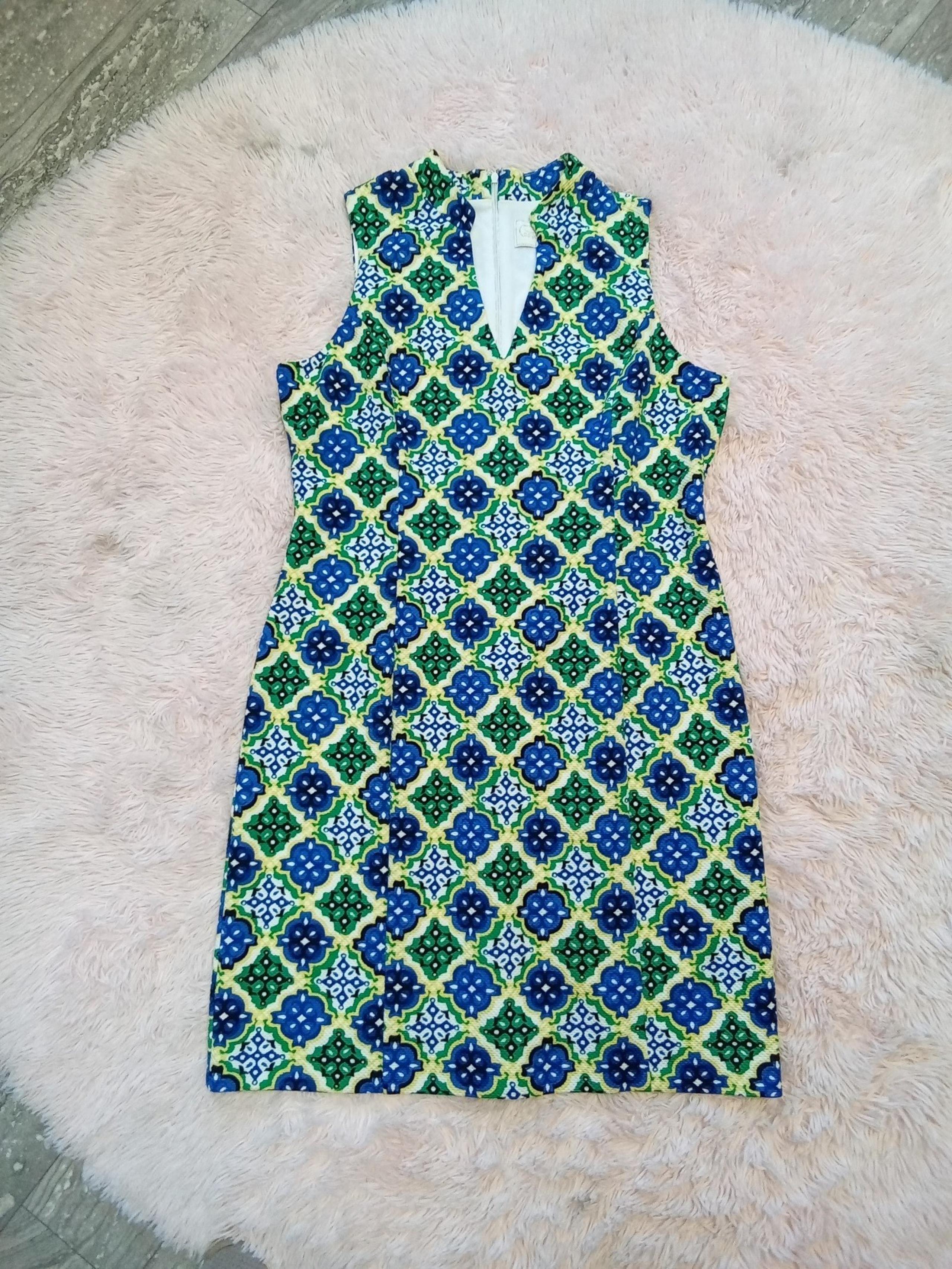 Pappagallo Retro Look Farrah V-neck Geometric Print Dress Size L New
