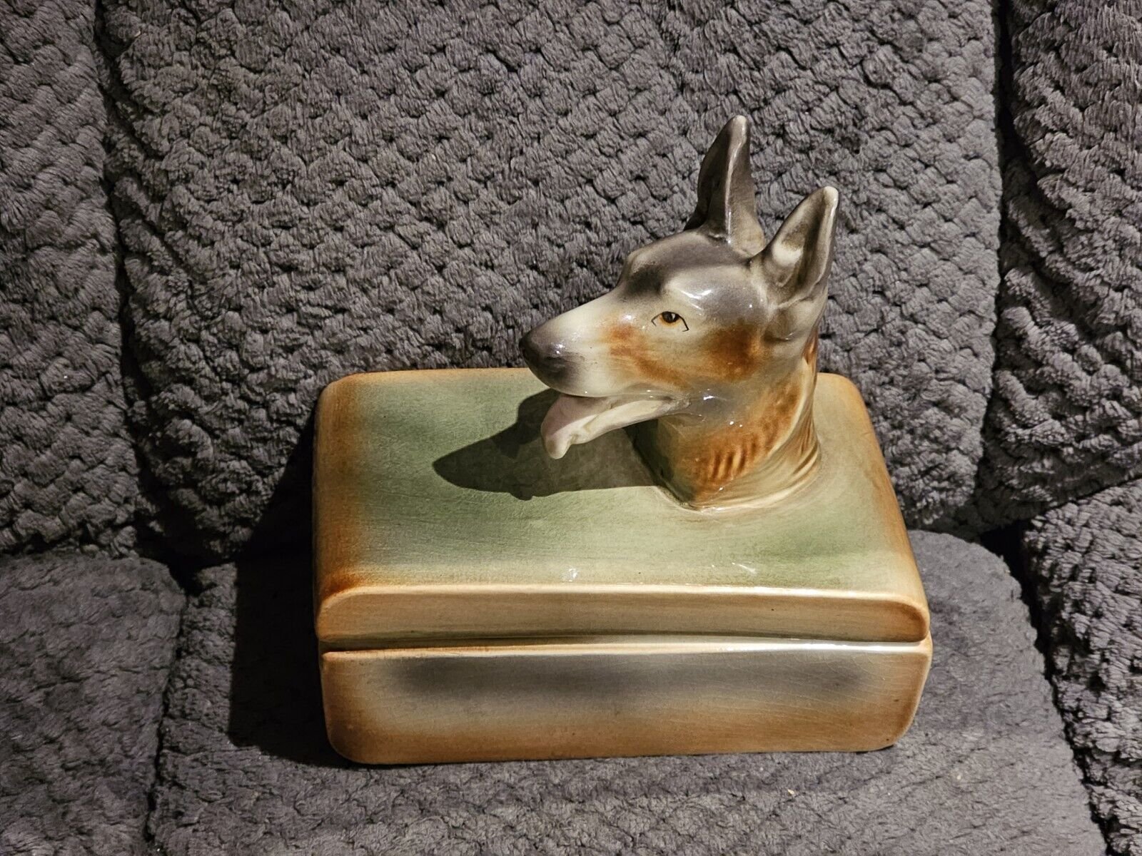 Goldscheider pottery Art Deco ceramic box w German Shepherd Dog on lid Very Rare