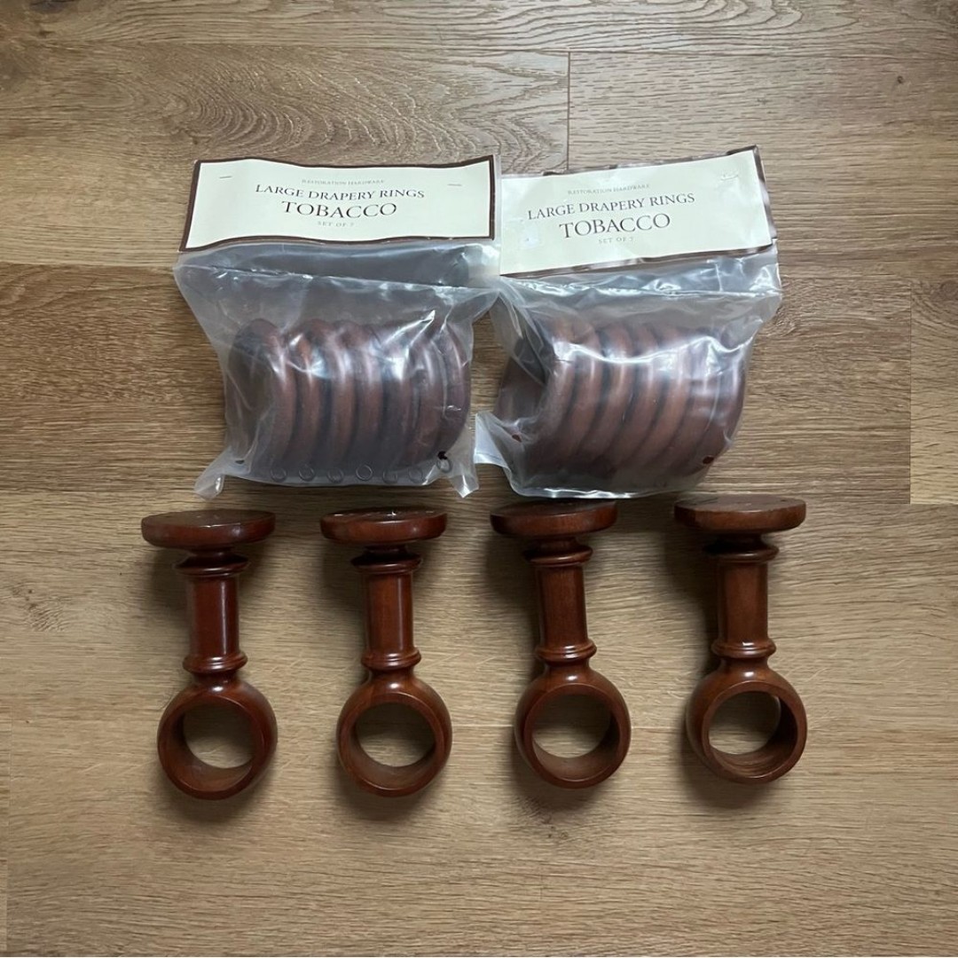 NIB Restoration Hardware Large Drapery Rings Wooden Tobacco Set of 2 w Holders