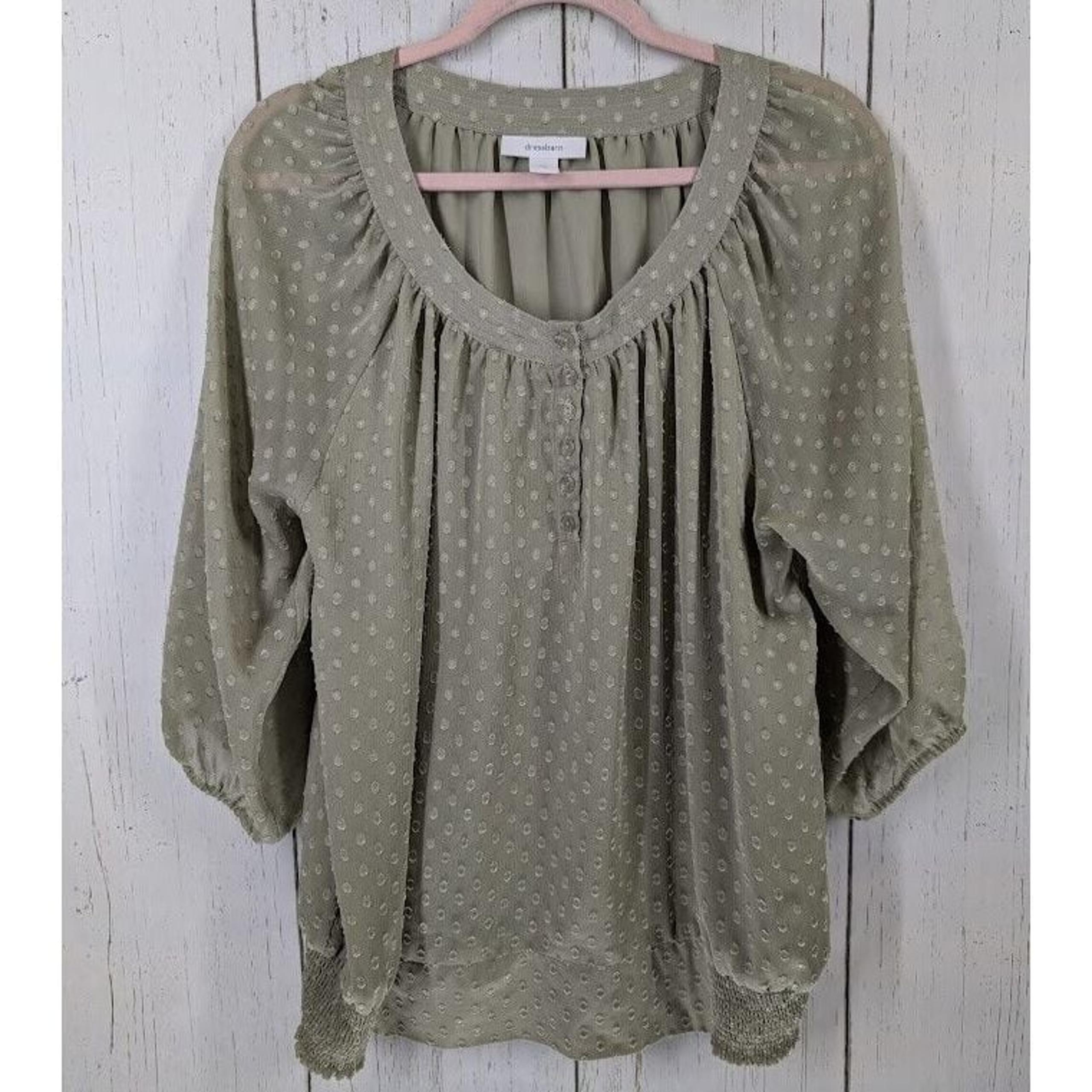 Dressbarn Size XL Green Polka Dot Long 3/4 Sleeve Smocked Chiffon Womens Blouse