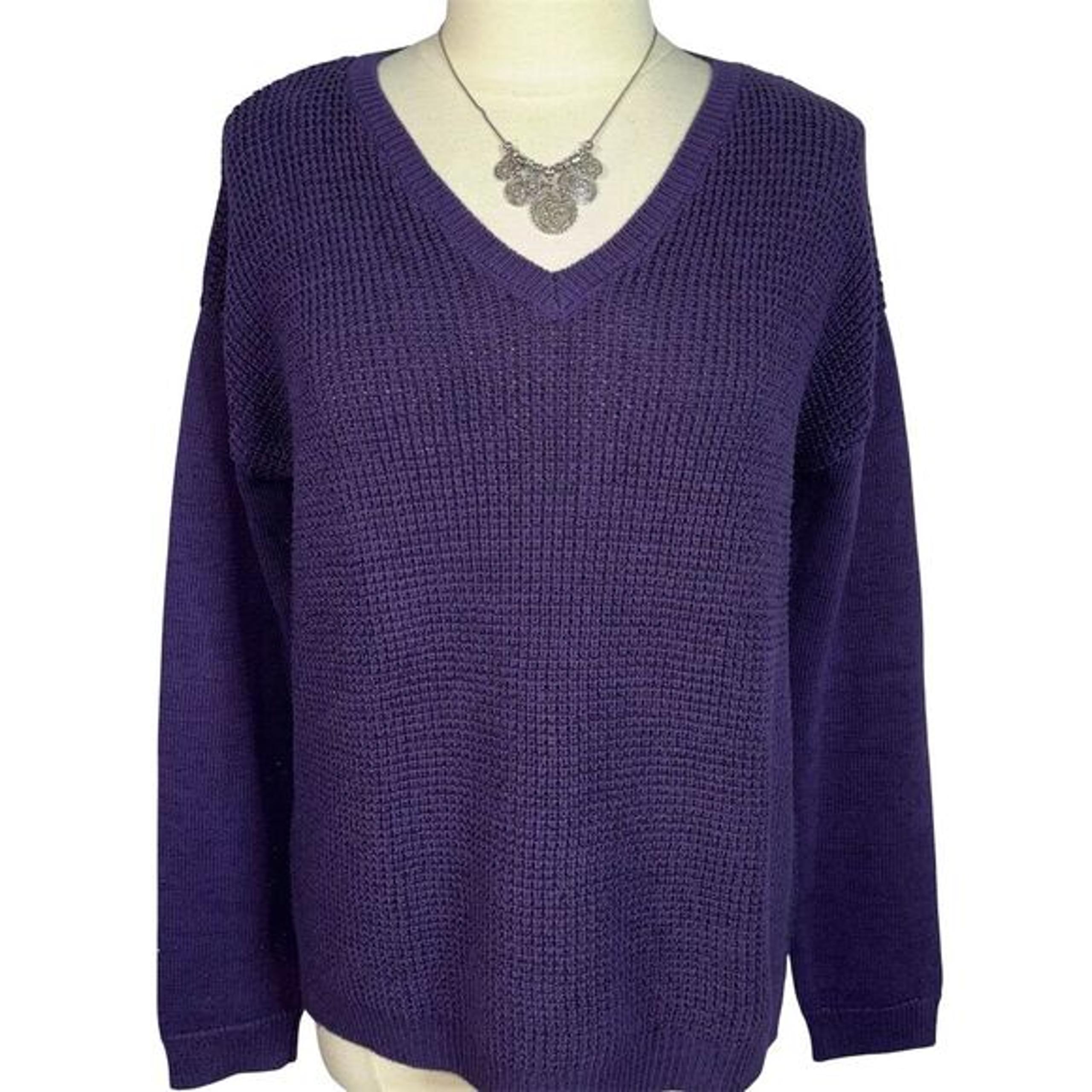 Calvin Klein Jeans Women's V-Neck Purple Pullover Waffle Knit Sweater Size M