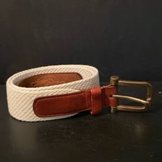 Dooney & Bourke 6713 White canvas, brown, leather trim, brass buckle belt USA 34