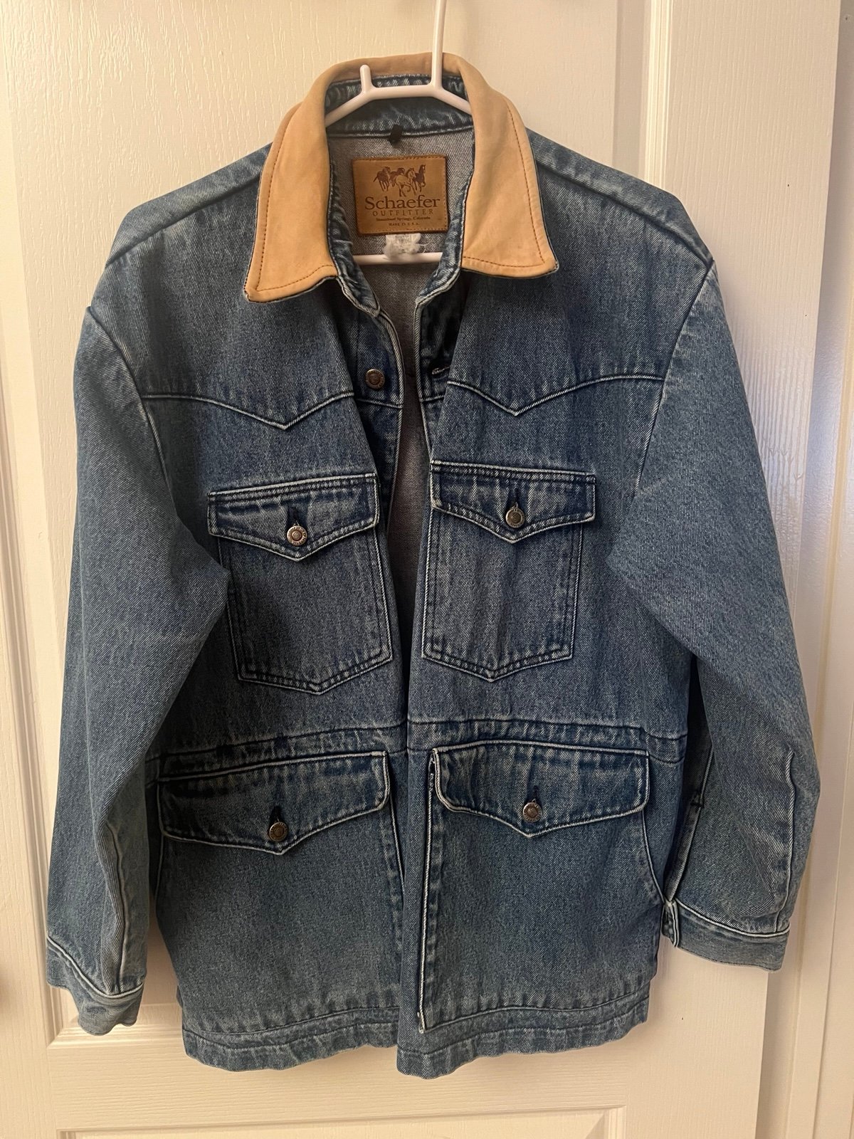 Vintage Schaefer Outfitter Men's Denim Jacket w/ Leather Collar Size Large USA
