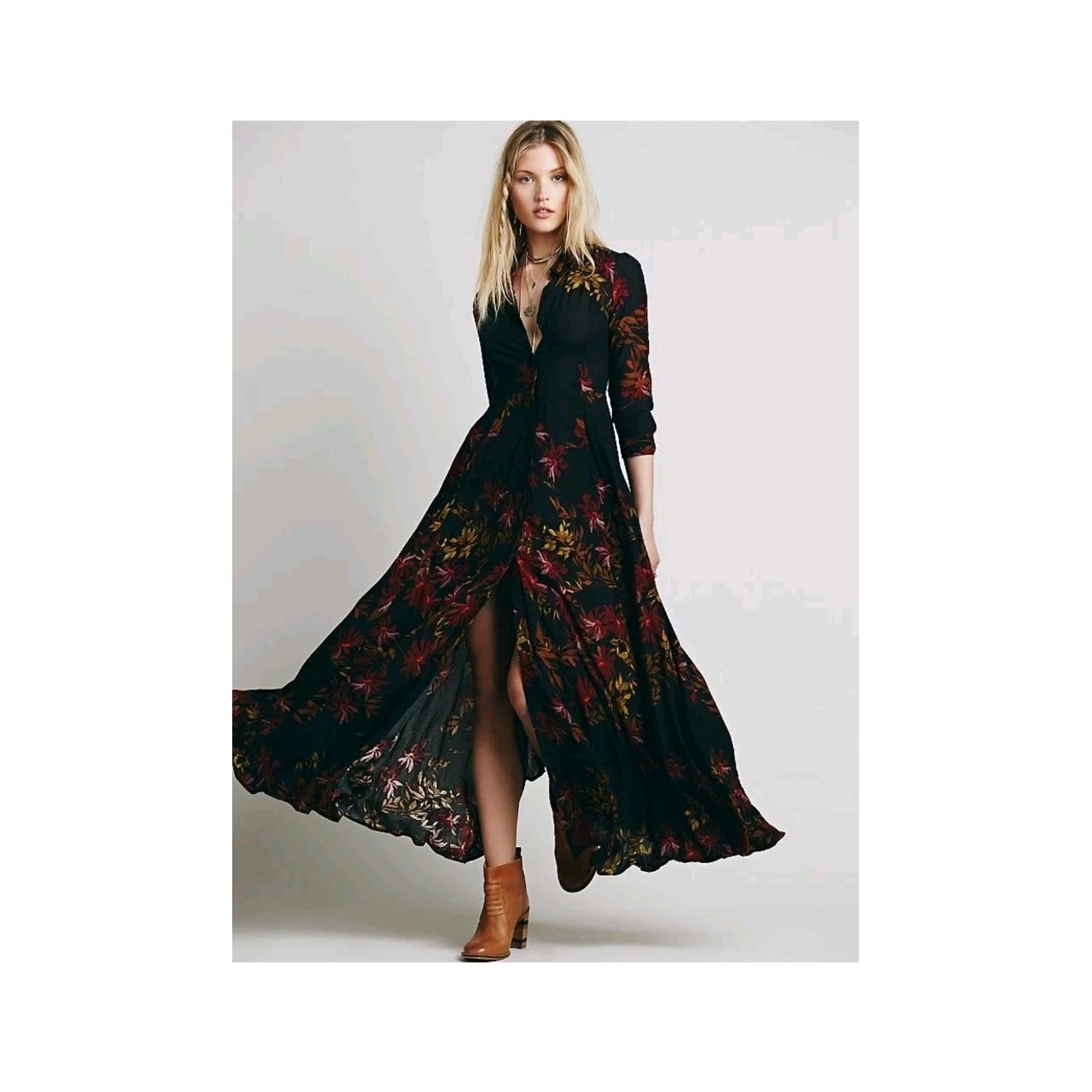 Free People Black After The Storm Floral Print Boho Maxi Shirt Dress Sz 2 Read!