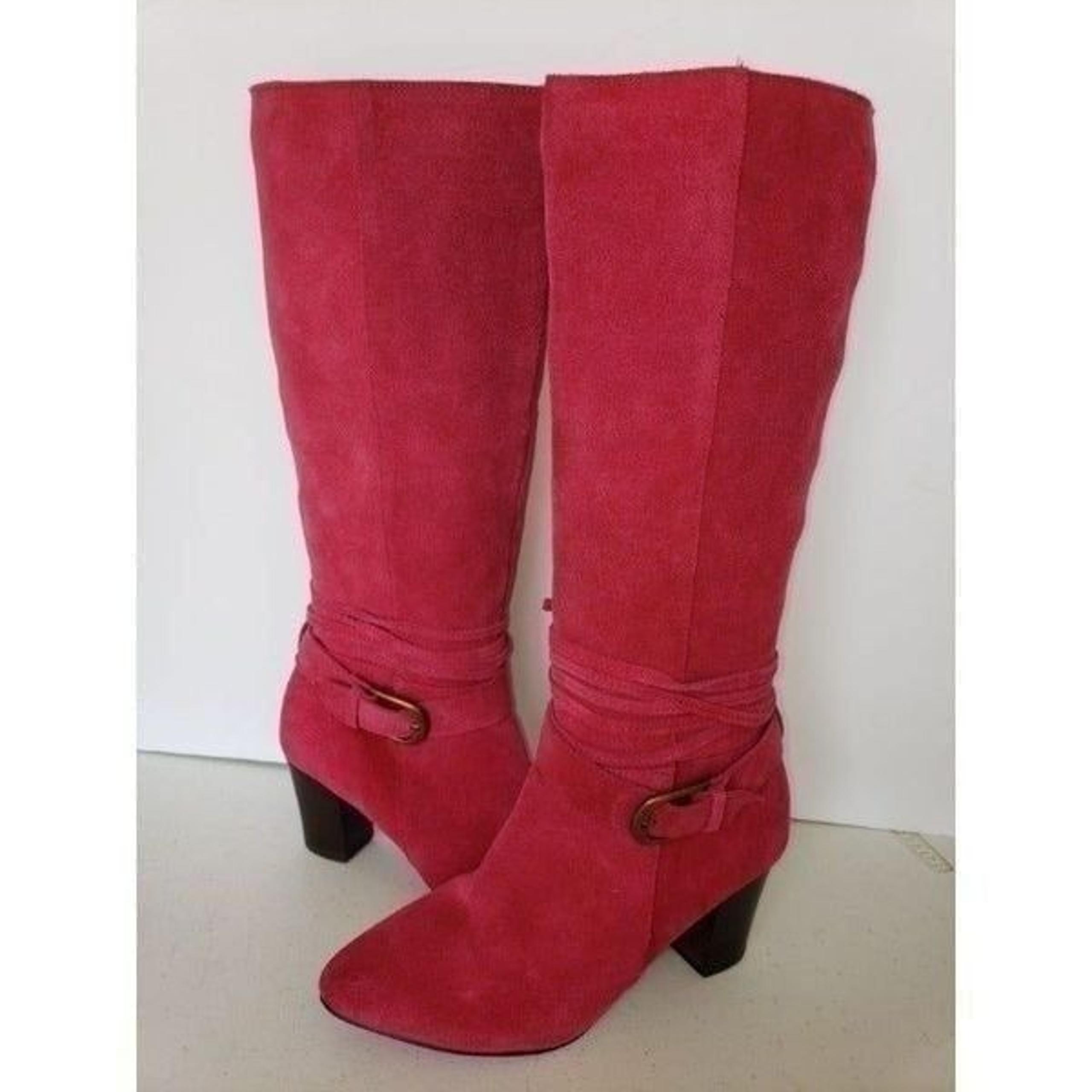 Women's Knee High Boots Leather Tall Zip up Block Heel Boots Red Size 6.5W NEW