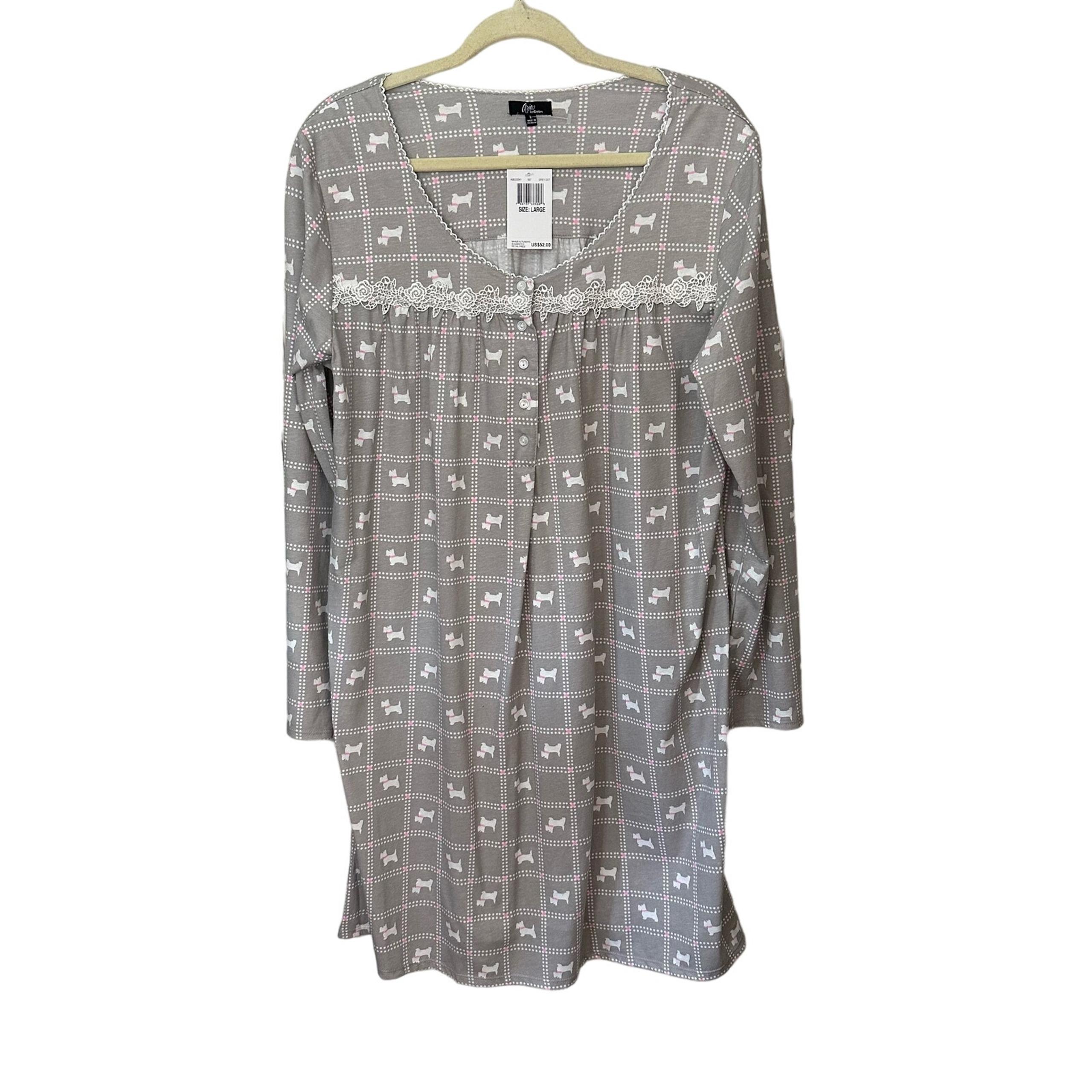 Aria Pajama Gown Scottie Dogs Gray Pink White Embroidered Womens Large Pullover
