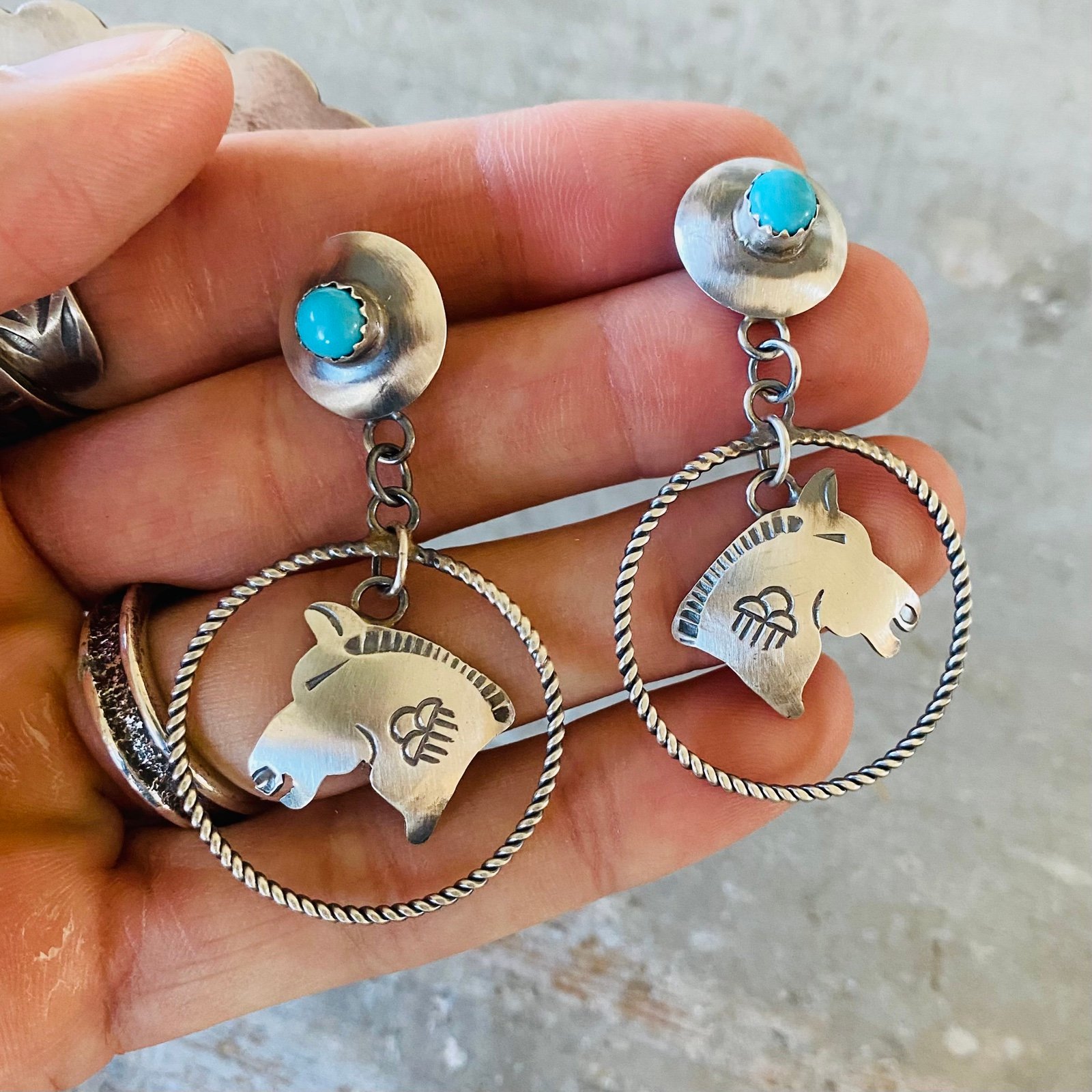Navajo Loretta Chee Sterling Silver & Turquoise Rain Cloud Horse Earrings