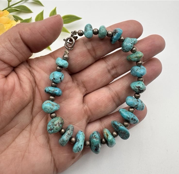 Signed RC Santo Domingo Sterling Silver Turquoise Nugget Bracelet Size 7