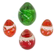 Vintage Hand Blown Red Green Art Glass Egg Paperweights Lot of 4 Swirl Bubbles