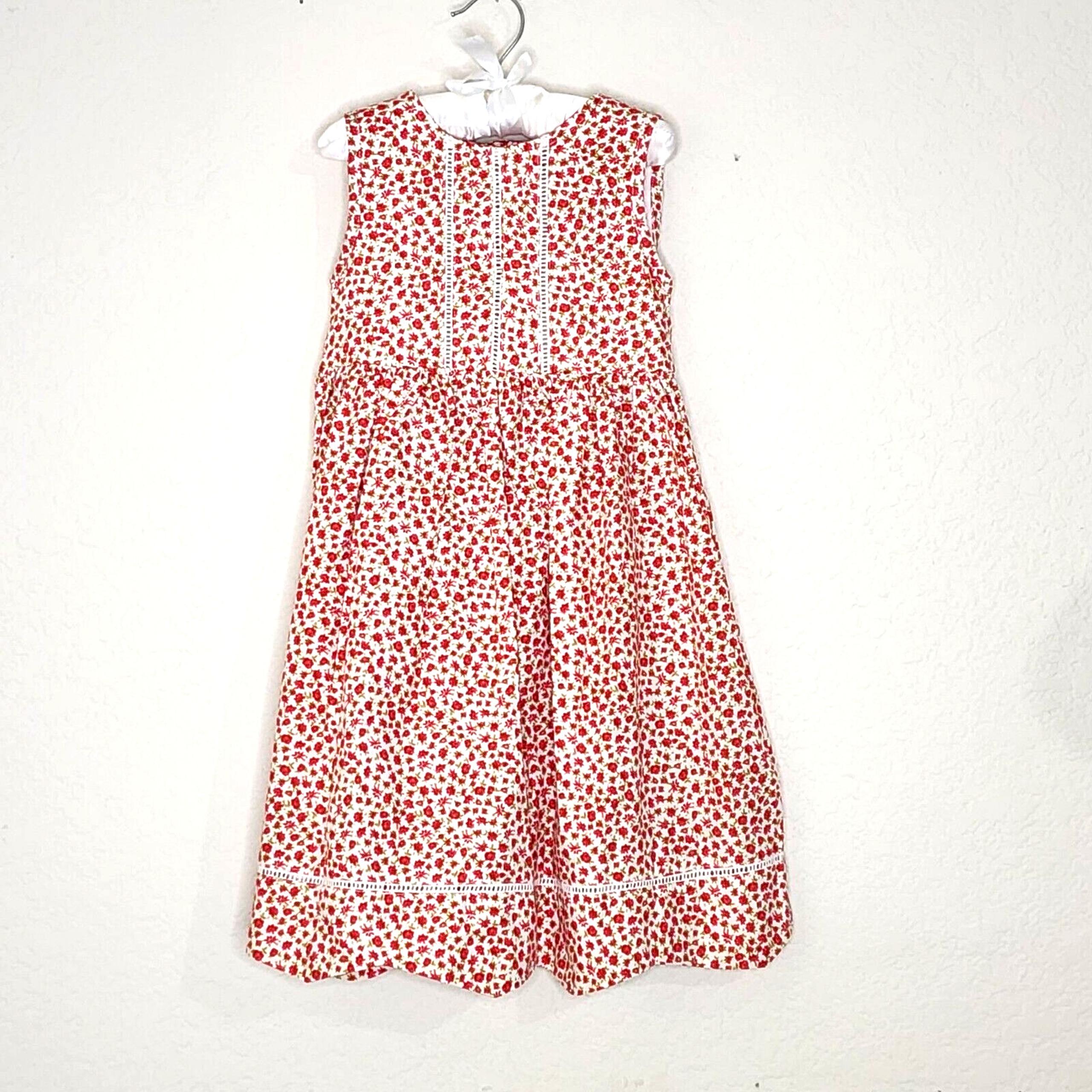 Laura Ashley Floral Dress Girl's Size 4 Sleeveless Red White Crochet Trim Tie