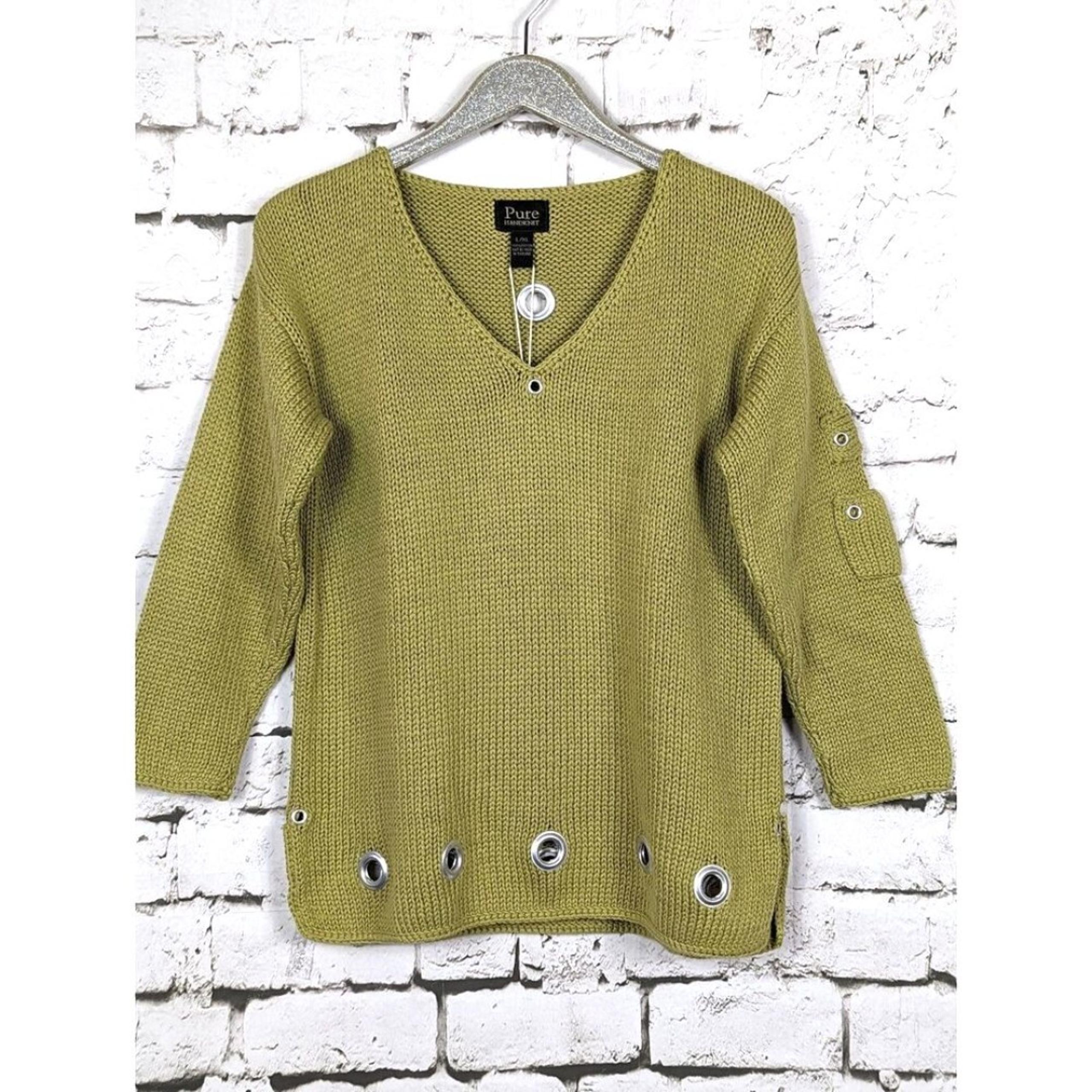 PURE HANDKNIT Grommet V-Neck Sweater Moss Green Minimalist Lagenlook  L/XL NEW