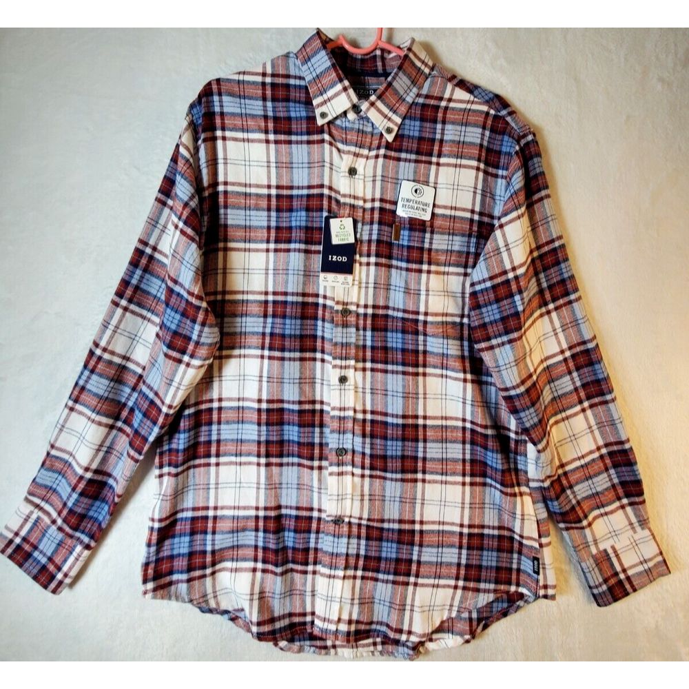 IZOD Shirt Men Medium Multi Plaid Flannel Pockets Long Sleeve Collar Button Down