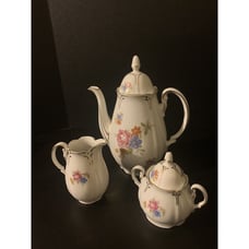 Vtg Porcelain German GKC Bavaria Coffee Pot Creamer Sugar Set Floral Gold Gilded