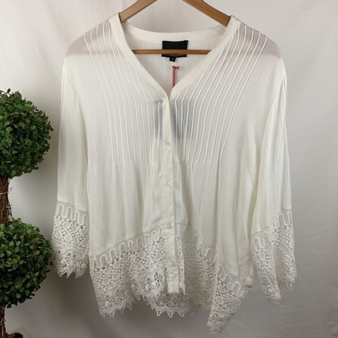 Cynthia Rowley White Crochet Embroidered Sheer Button peasant Blouse Top NEW M