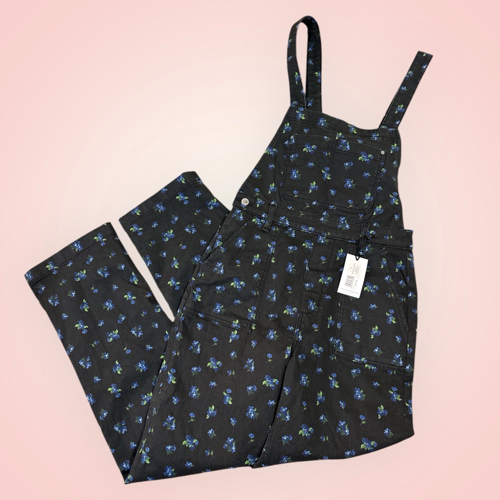 WeWoreWhat Slouchy Slit Overalls Floral Ditsy Denim Black Size S NWT