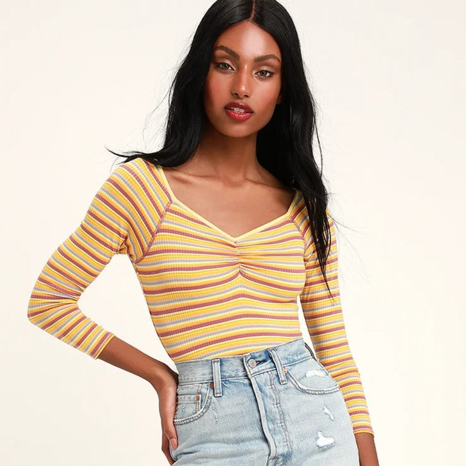 Free People Put a Stripe On It Yellow Combo Striped Bodysuit Size Small