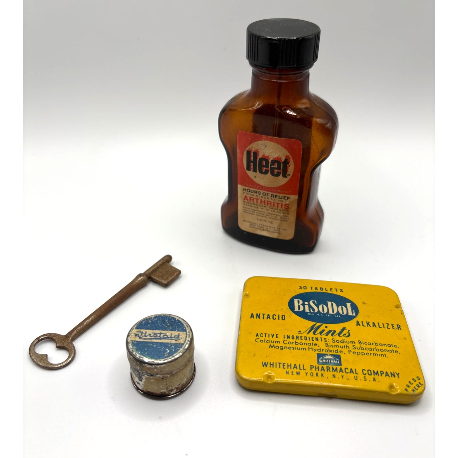 Vintage MCM Amber Glass HEET Bottle, BiSoDol Tin First Aid Tin and Skeleton Key