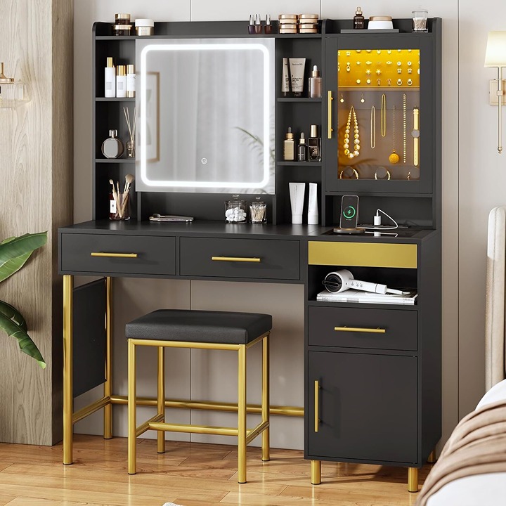 LED Makeup Vanity Desk with Jewelry Cabinet Vanity Desk with Open Storage Shelve