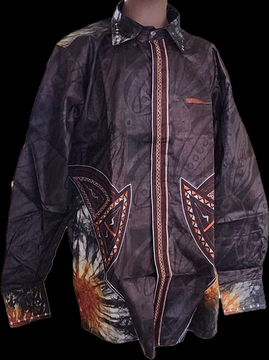 African Men's basin motif Shirt long sleeve with embroidered L