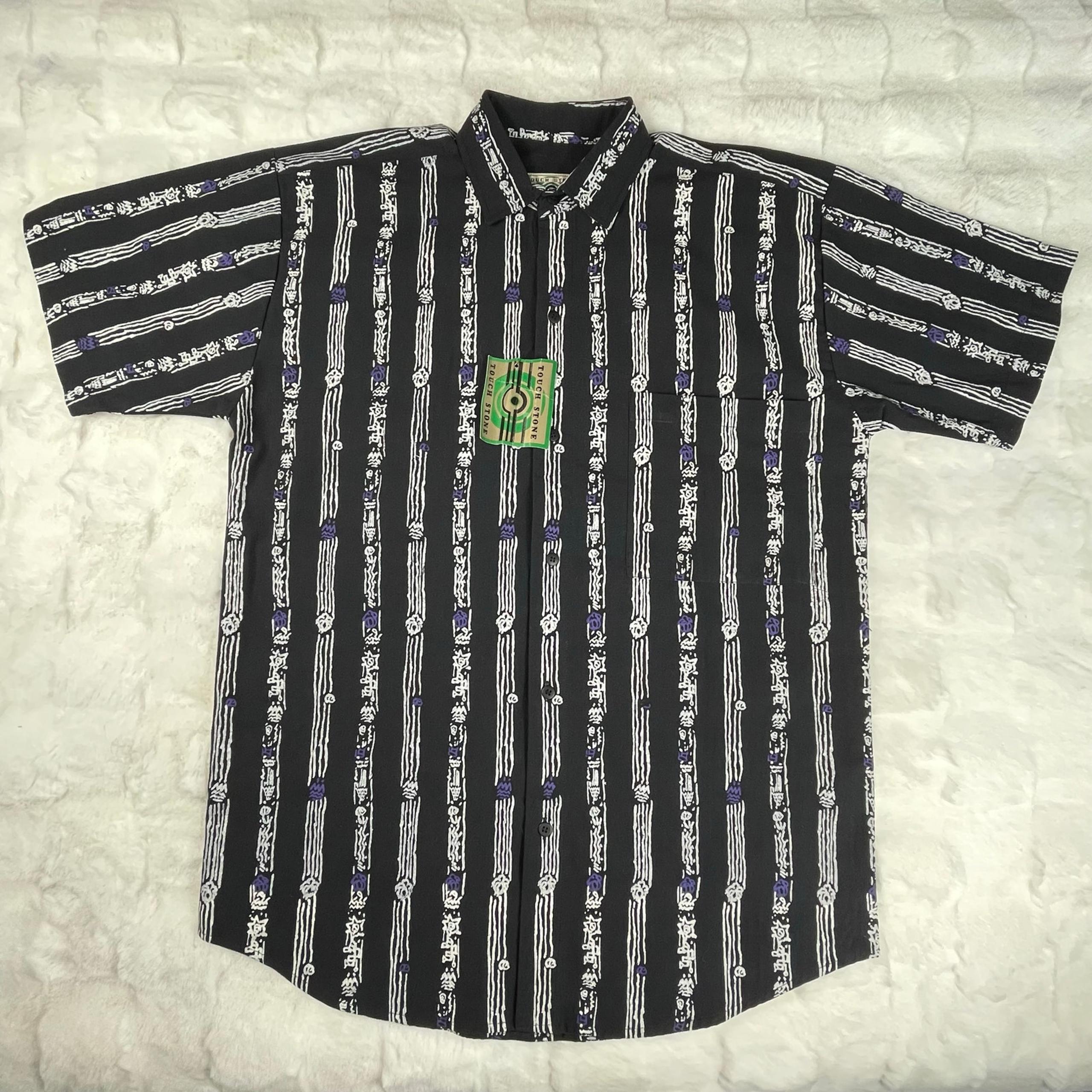 NWT Vintage Touch Stone Tribal Printed Striped White Black Mens Button Up Shirt