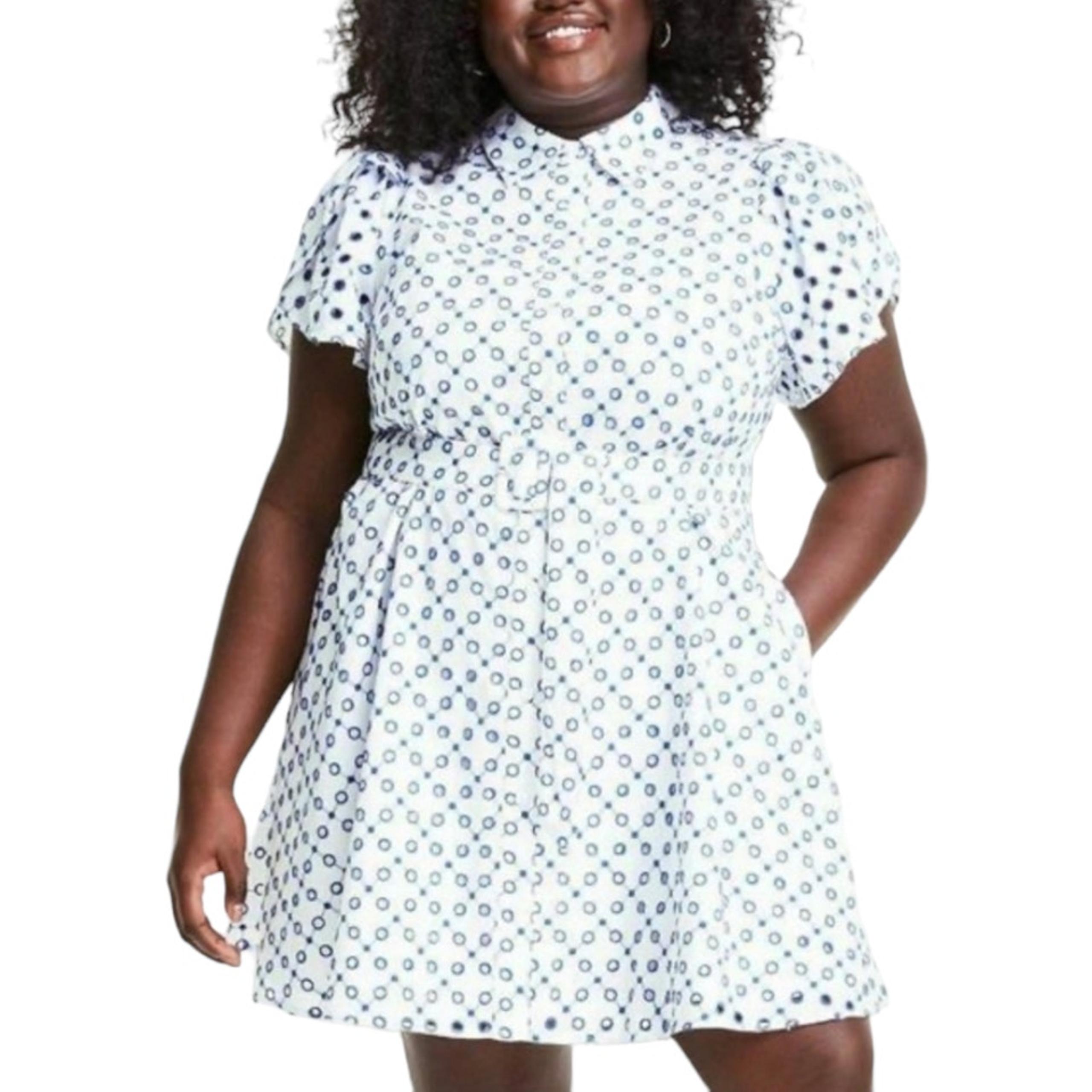 ALEXIS x Target Mini Dress Plus White Blue Dot Tulip Sleeve Eyelet Shirt 3X NWOT