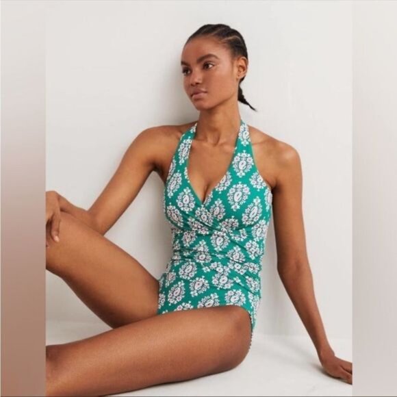 Boden Levanzo Halter Green Paisley Print Halter One Piece Swimsuit 12 NWT