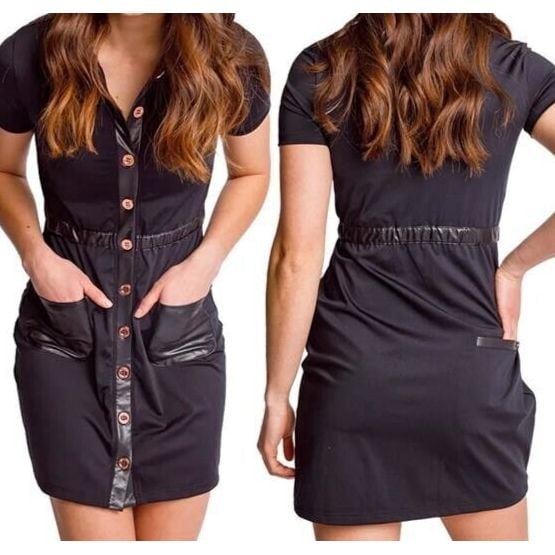 Calliope LUCKY IN LEATHER DRESS Women Size S Black Golf Faux Leather Accents