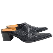 GERACI Made in Italy Black Leather Woven Chunky Heel Mules