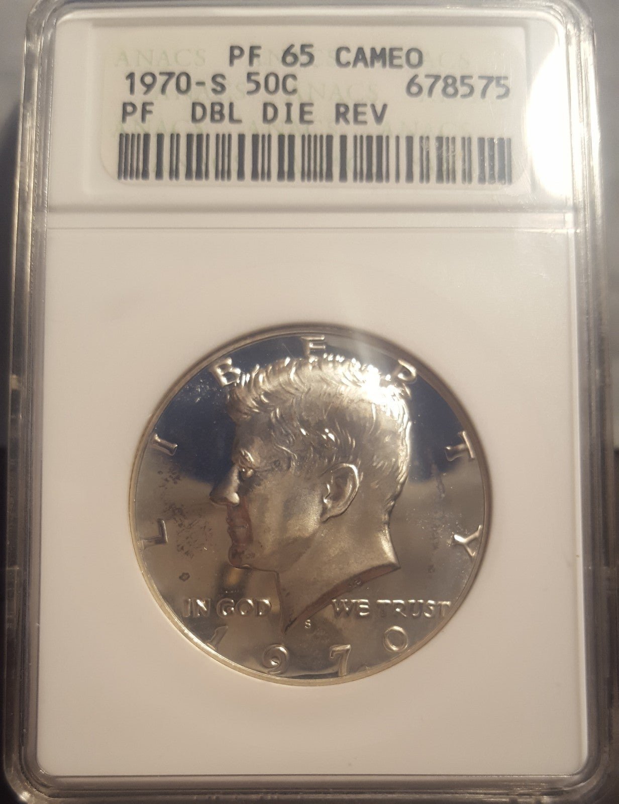 1970 S DOUBLE DIE REV. SILVER KENNEDY HALF DOLLAR ANACS PROOF 65 CAMEO